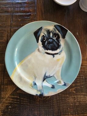 Nordstrom Sally Muir Pug Dog-a-Day Stoneware Dessert Plate 8.25"D NWT